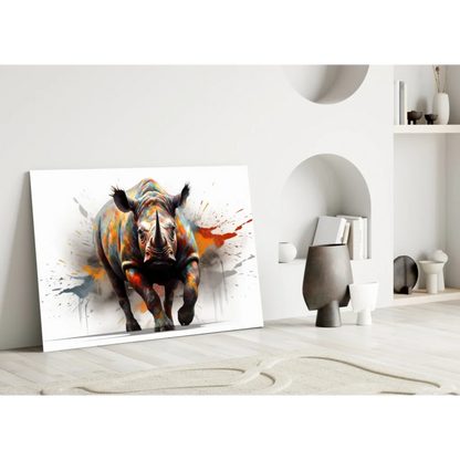 Vibrant rhino splatter canvas wall art print on black and white background