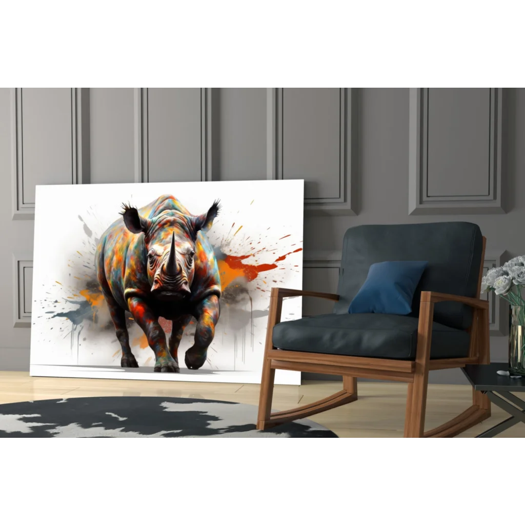 Vibrant rhino splatter canvas wall art print with bold colors