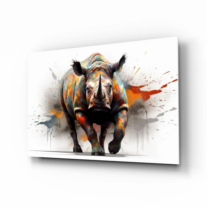 Vibrant rhino splatter canvas wall art print with colorful paint splashes