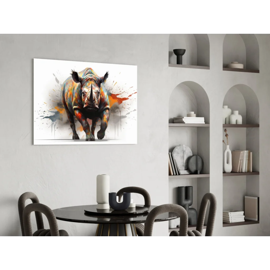 Vibrant Rhino splatter canvas wall art print in black frame