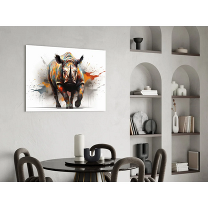 Vibrant Rhino splatter canvas wall art print in black frame
