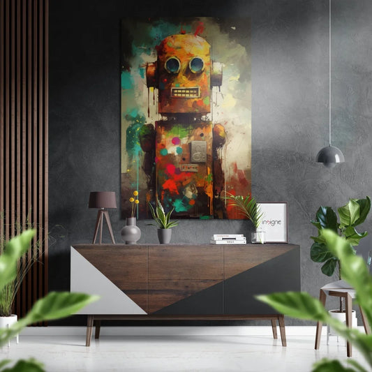 Vibrant colorful robot wall art on brushed aluminium dibond print