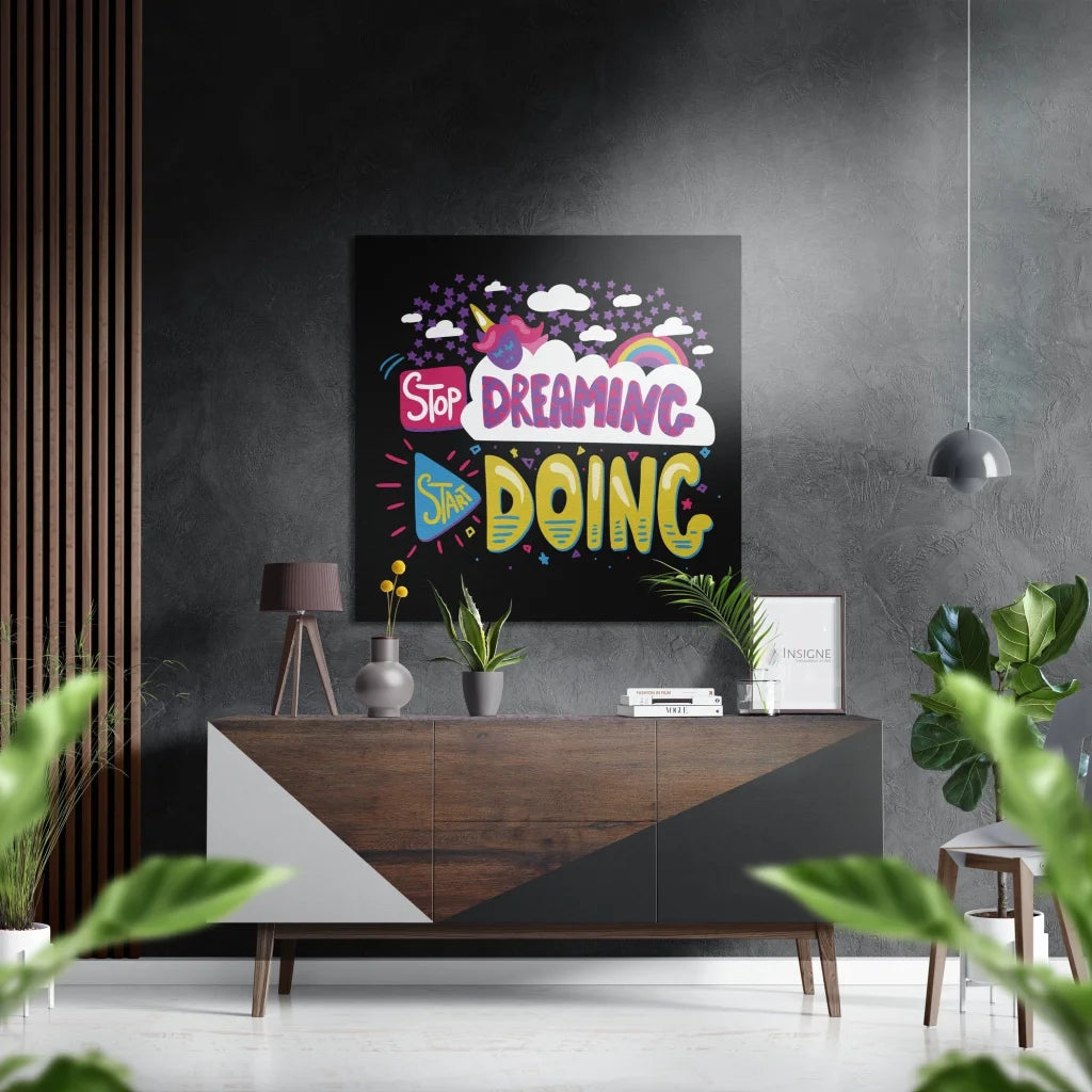 Vibrant unicorn rainbow wall art print on brushed aluminium dibond