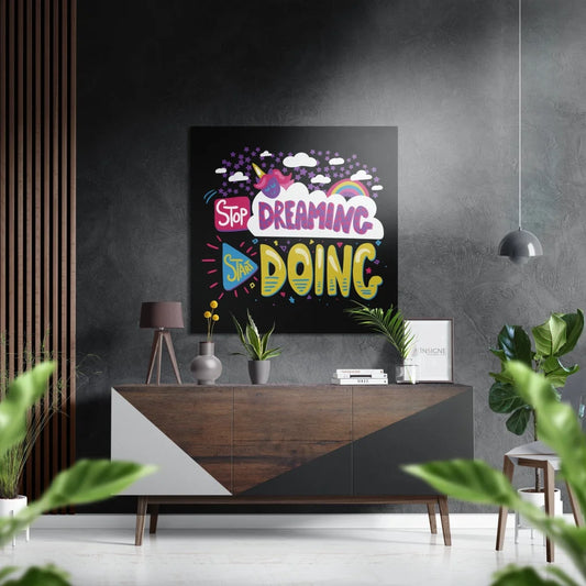 Vibrant unicorn rainbow wall art print on brushed aluminium dibond