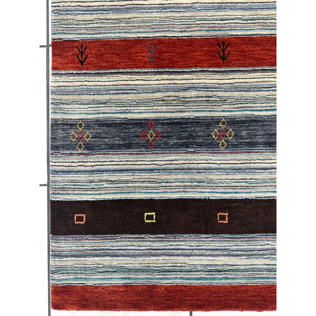 Vibrant Indo Gabbeh rug with blue, red, beige stripes and geometric motifs