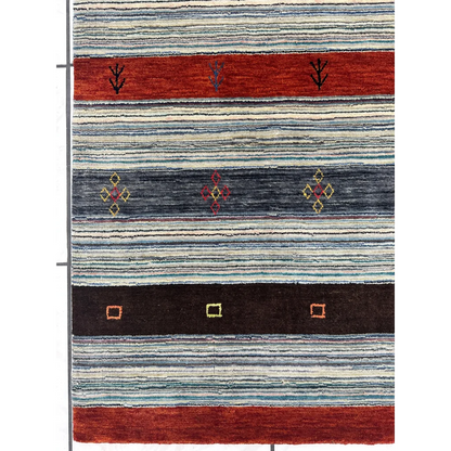 Vibrant Indo Gabbeh rug with blue, red, beige stripes and geometric motifs