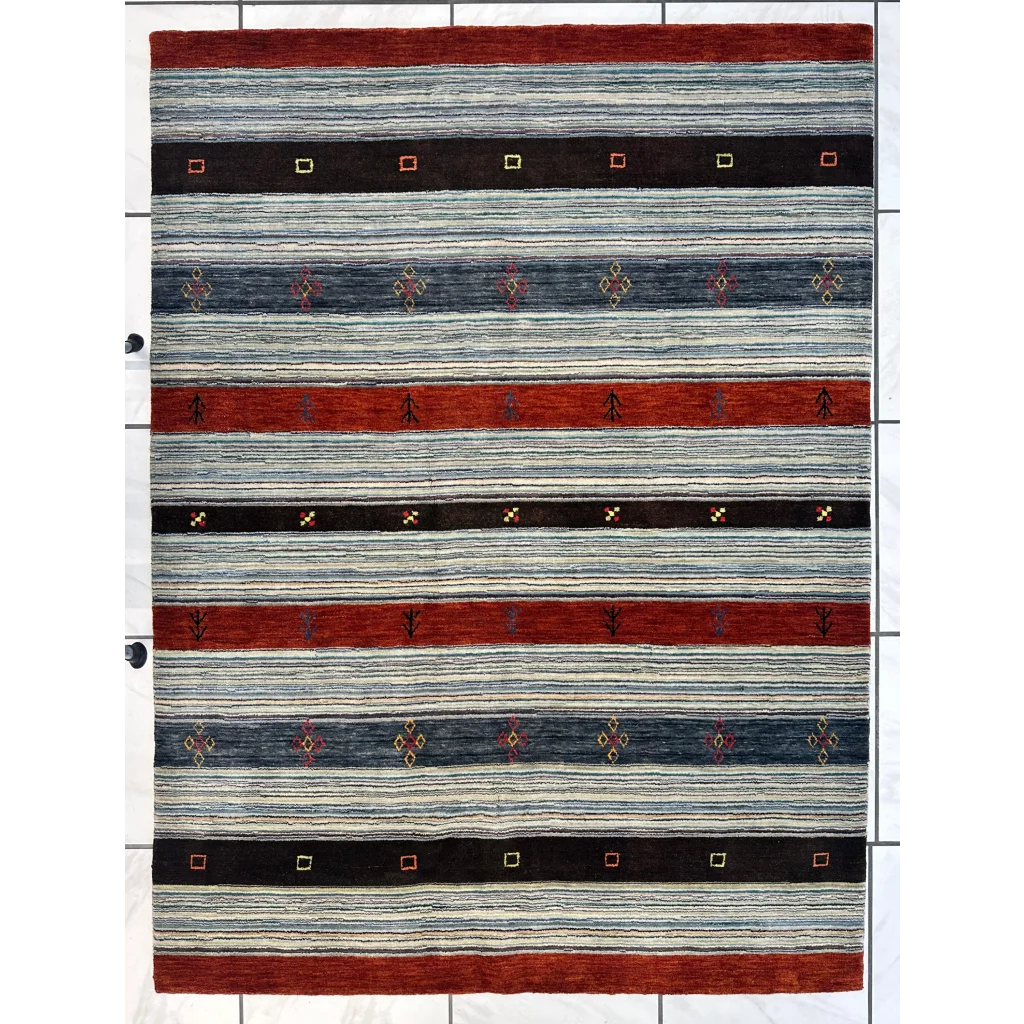 Vibrant Indo Gabbeh rug with blue, red, black stripes and geometric diamonds