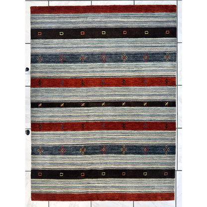 Vibrant Indo Gabbeh rug with blue, red, black stripes and geometric diamonds