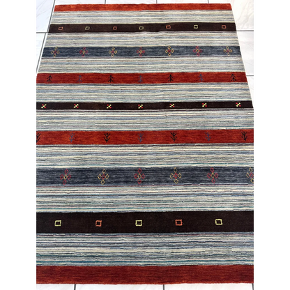 Vibrant Indo Gabbeh rug with red blue gray black stripes and geometric motifs