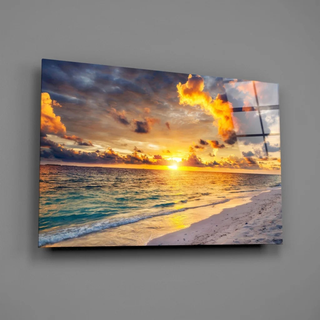 Vibrant sunset beach canvas wall art with ocean waves and textured colors
