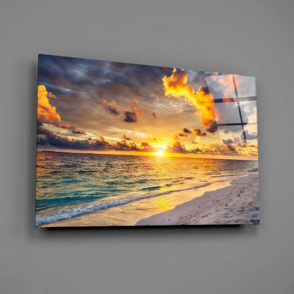 Vibrant sunset beach canvas wall art with ocean waves and textured colors