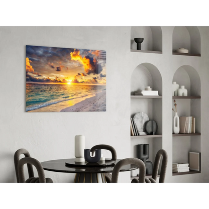 Vibrant sunset beach canvas wall art with orange hues and ocean waves