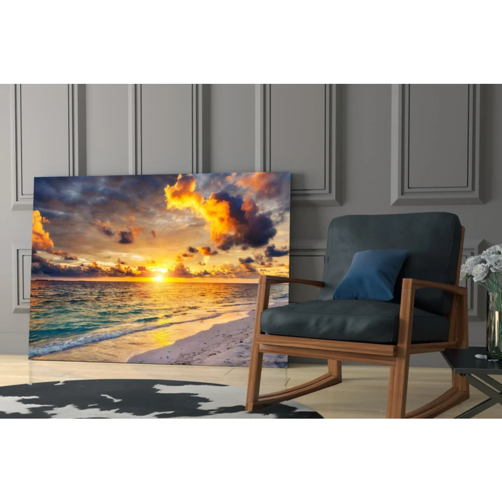 Vibrant sunset beach canvas wall art with orange hues and wooden frame