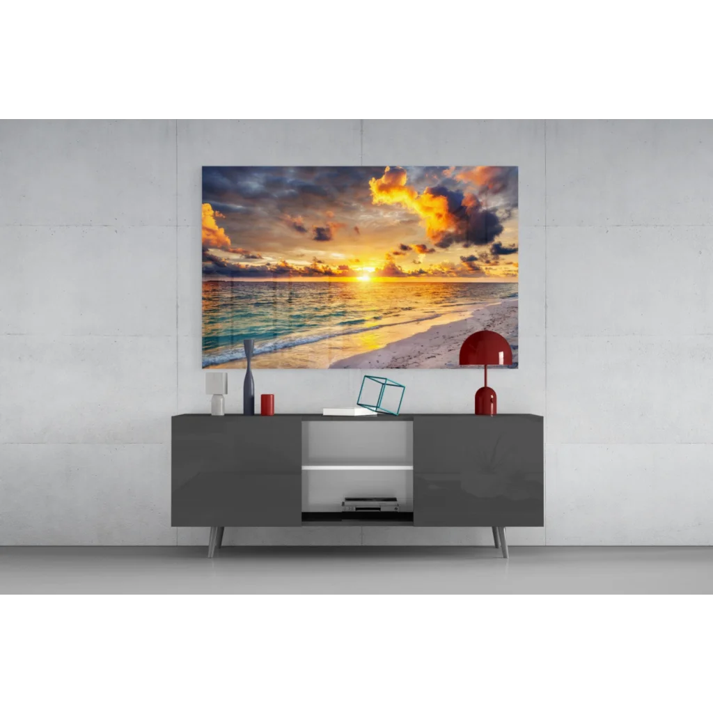 Samsung QLED TV displaying vibrant sunset beach glass wall art