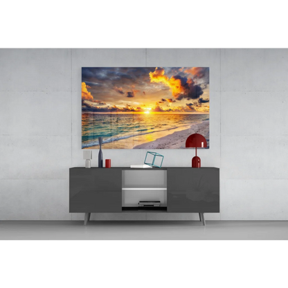 Samsung QLED TV displaying vibrant sunset beach glass wall art