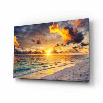 Vibrant sunset beach canvas wall art with orange hues and ocean waves