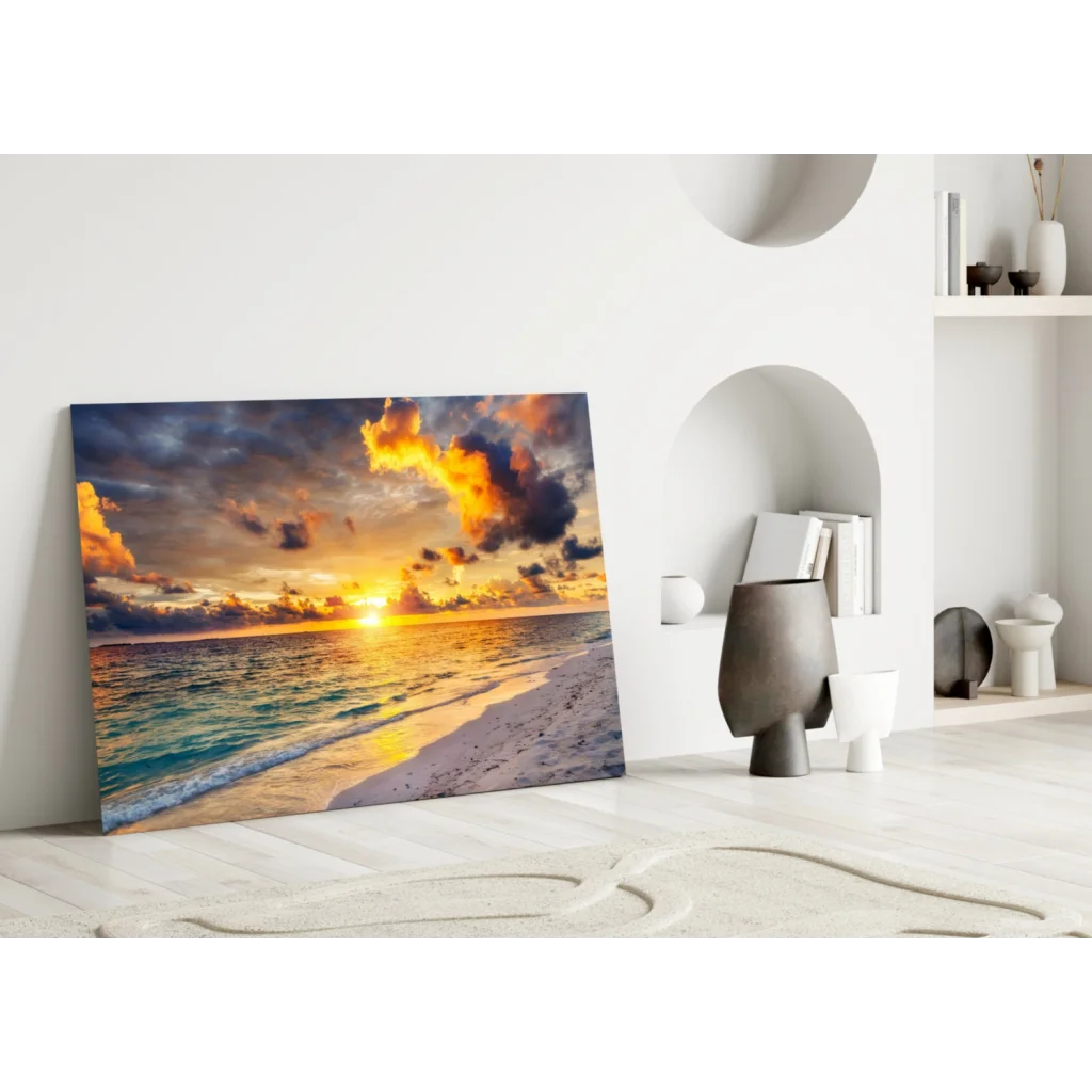 Vibrant sunset beach canvas wall art with ocean waves
