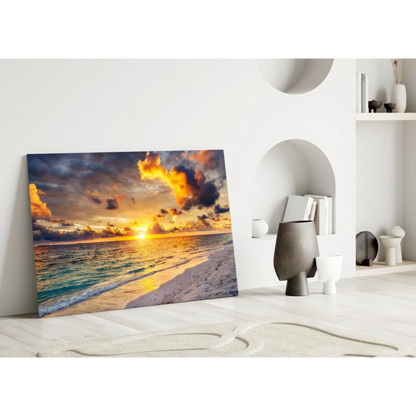 Vibrant sunset beach canvas wall art with ocean waves