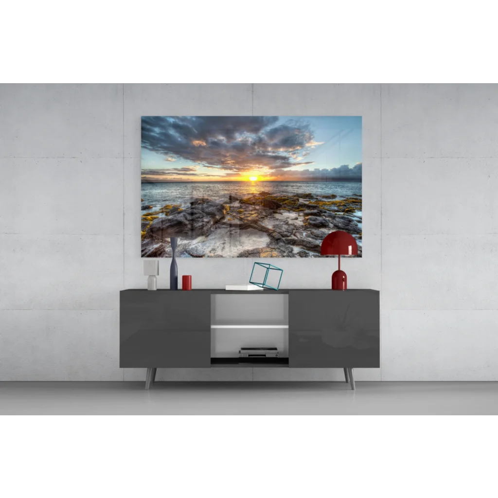 32-inch LG OLED TV in Vibrant Sunset Rocky Shore wall art print