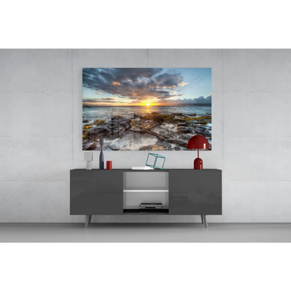 32-inch LG OLED TV in Vibrant Sunset Rocky Shore wall art print