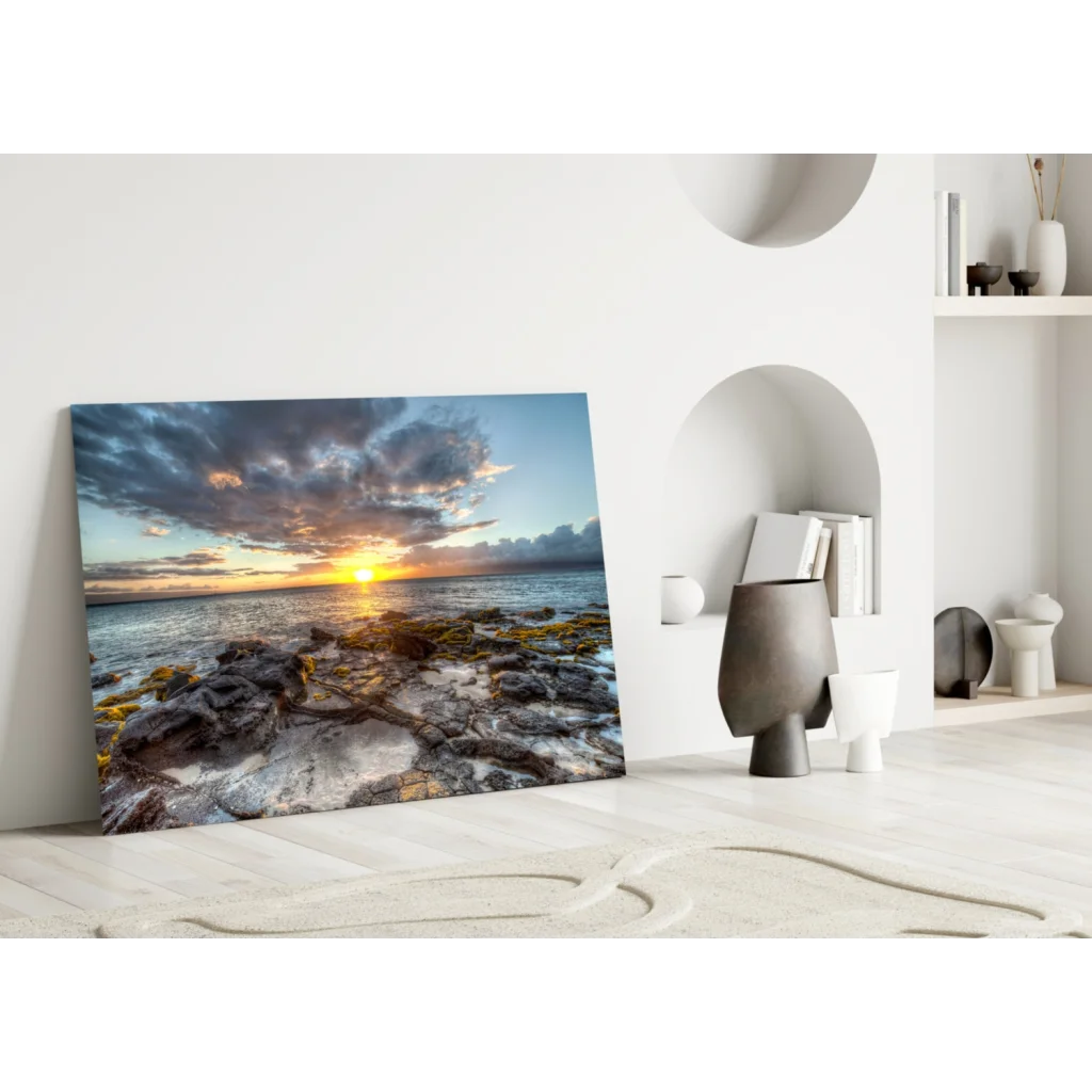 Vibrant sunset over rocky shore canvas wall art print