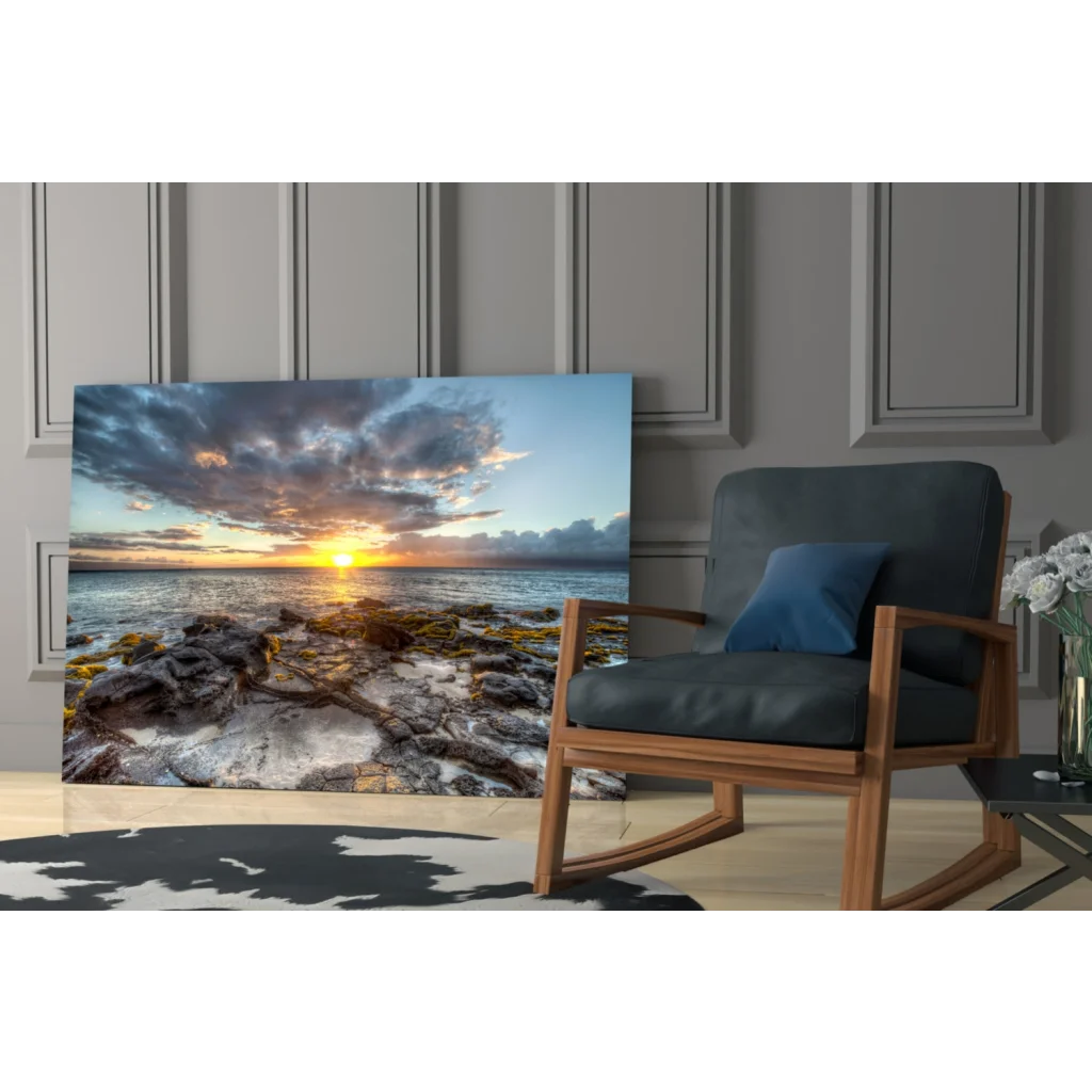 Vibrant sunset over ocean rocks canvas wall art print