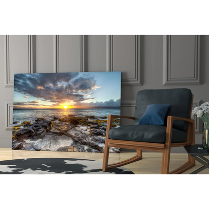 Vibrant sunset over ocean rocks canvas wall art print