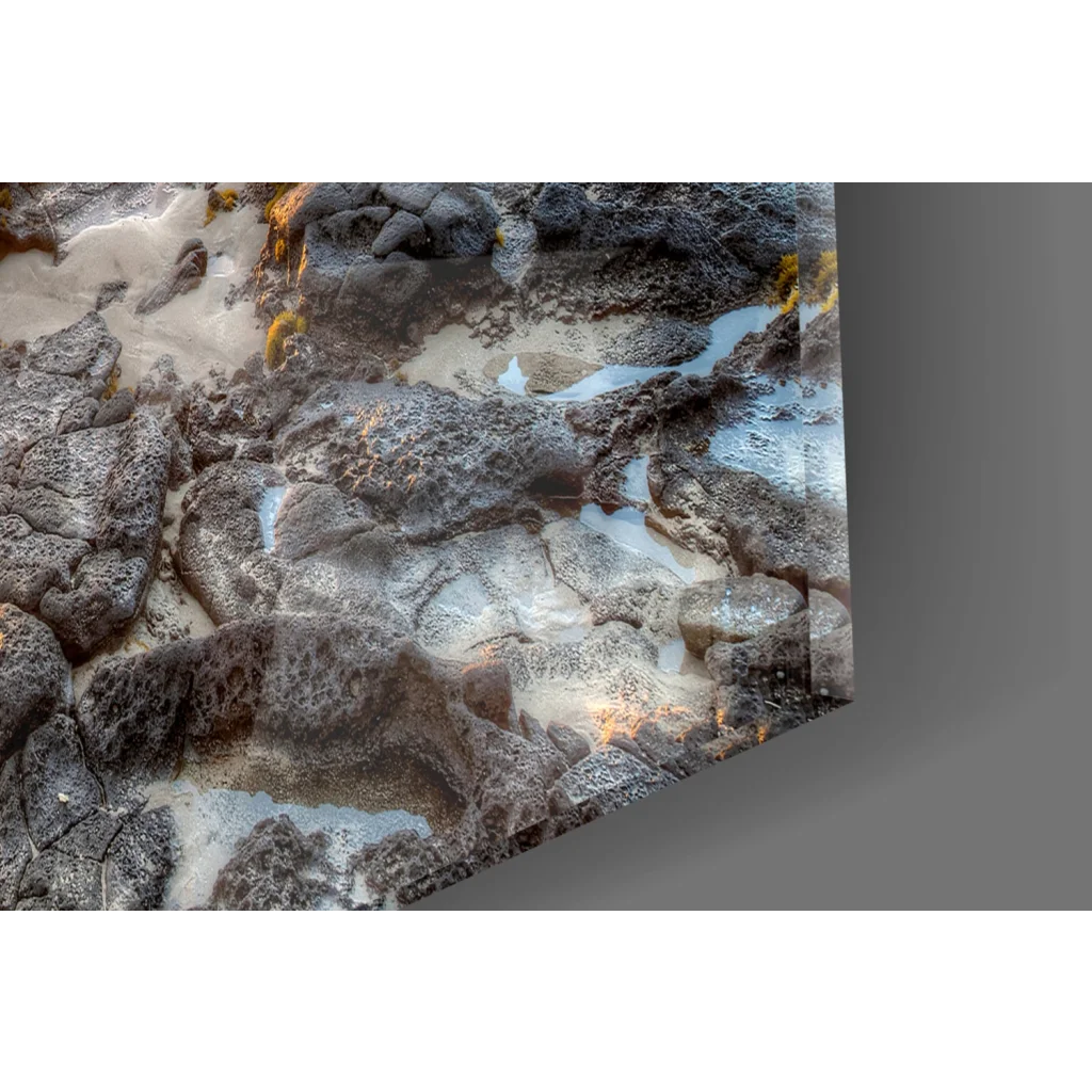 Vibrant sunset rocky shore canvas wall art print with textured natural tones