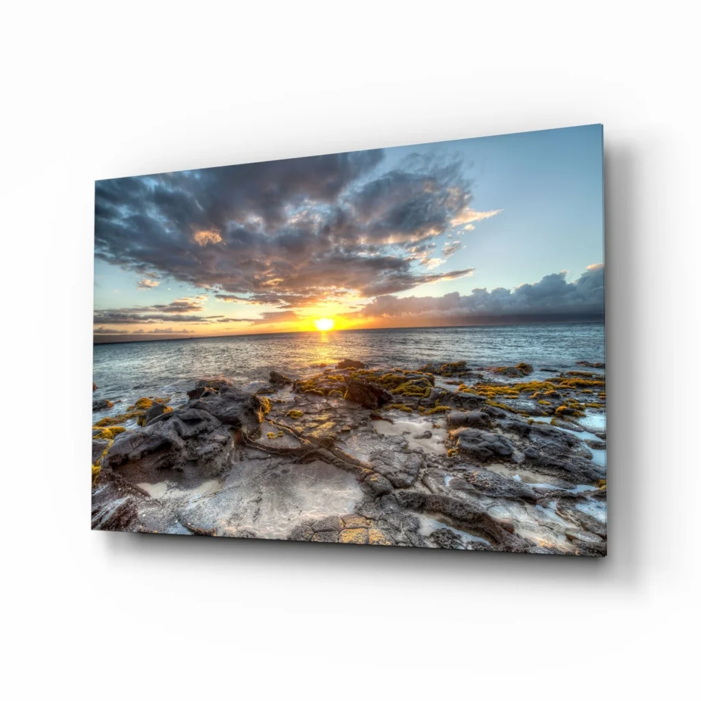 Vibrant sunset over rocky shore canvas wall art print