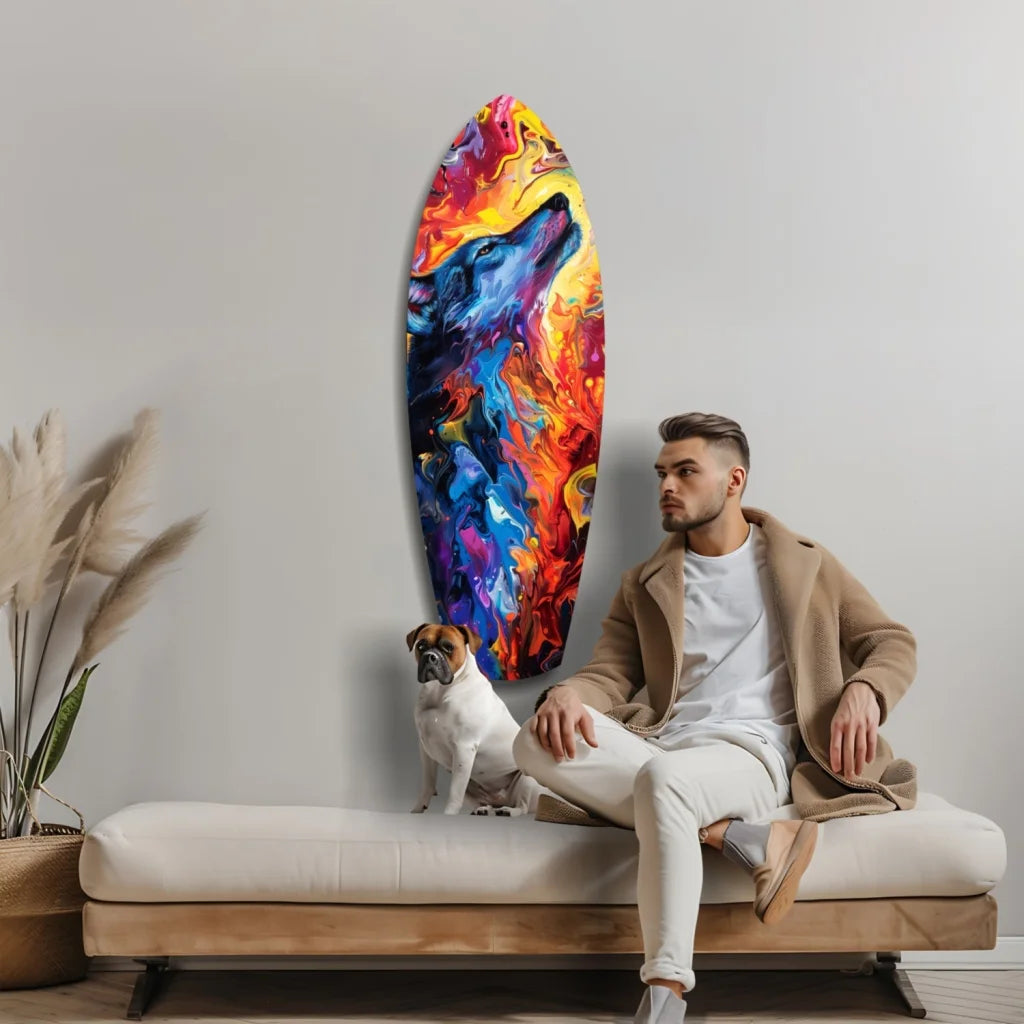 Vibrant surfboard tempered glass art with bold wolf design