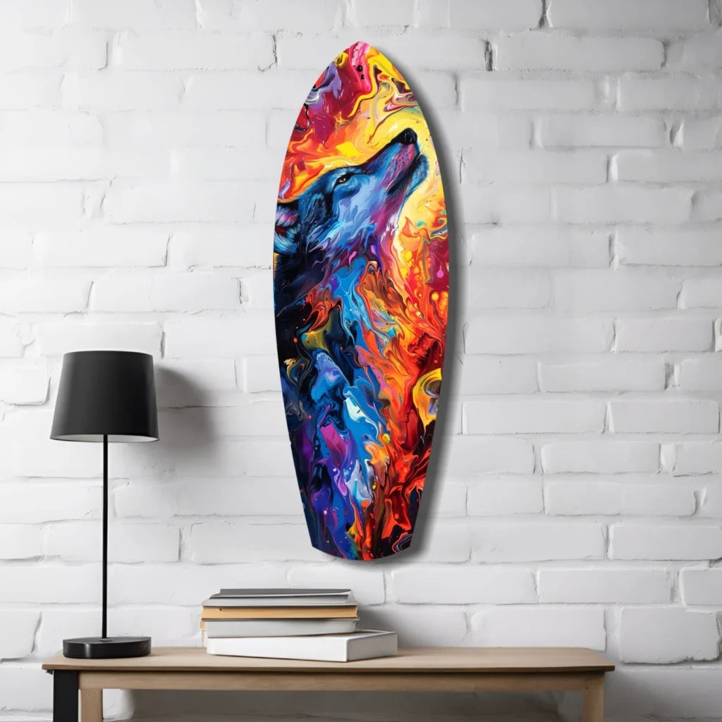 Vibrant tempered glass art surfboard with bold wolf design