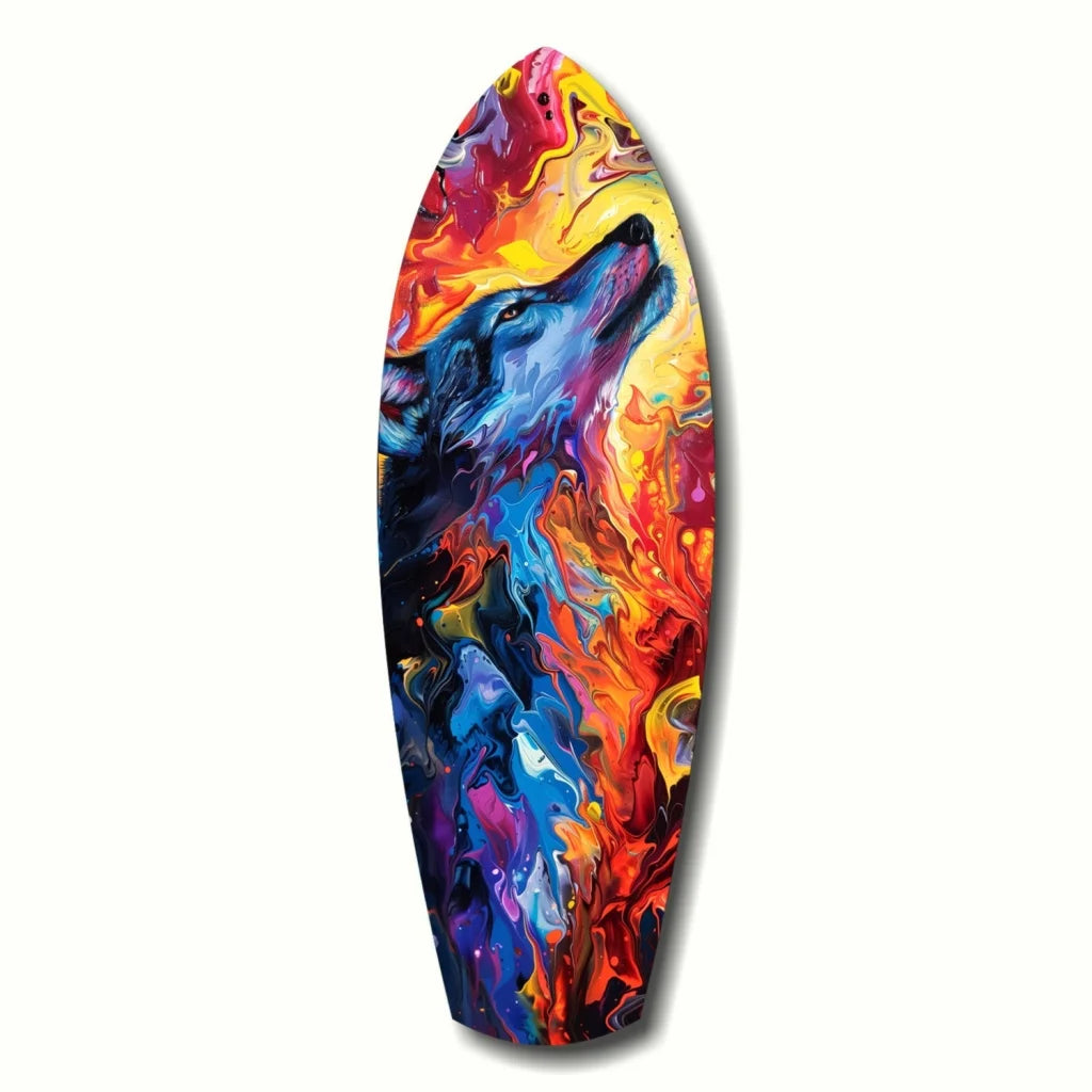 Vibrant tempered glass art surfboard with bold wolf design