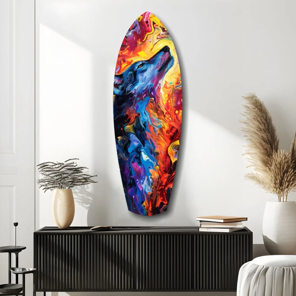 Vibrant surfboard tempered glass art with bold wolf design and size comparison