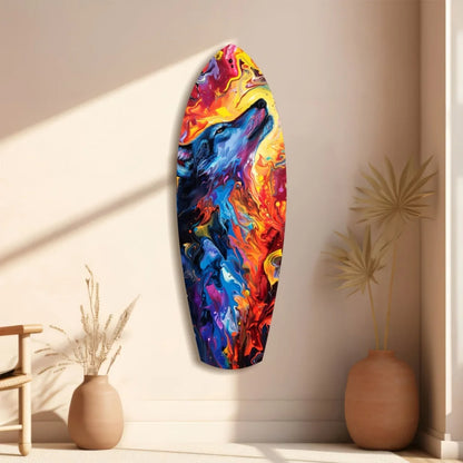 Vibrant surfboard tempered glass art with bold wolf design