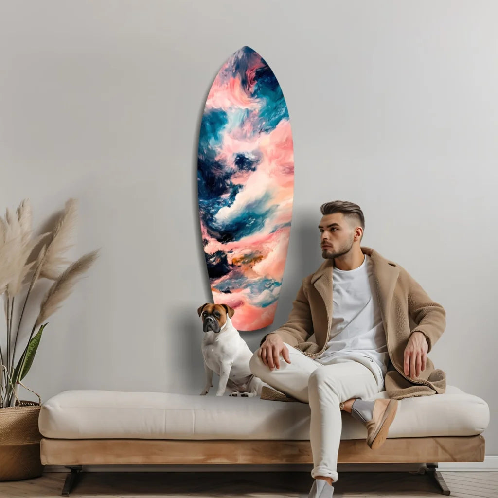 Vibrant surfboard tempered glass art with swirling pink, blue, white and size comparison