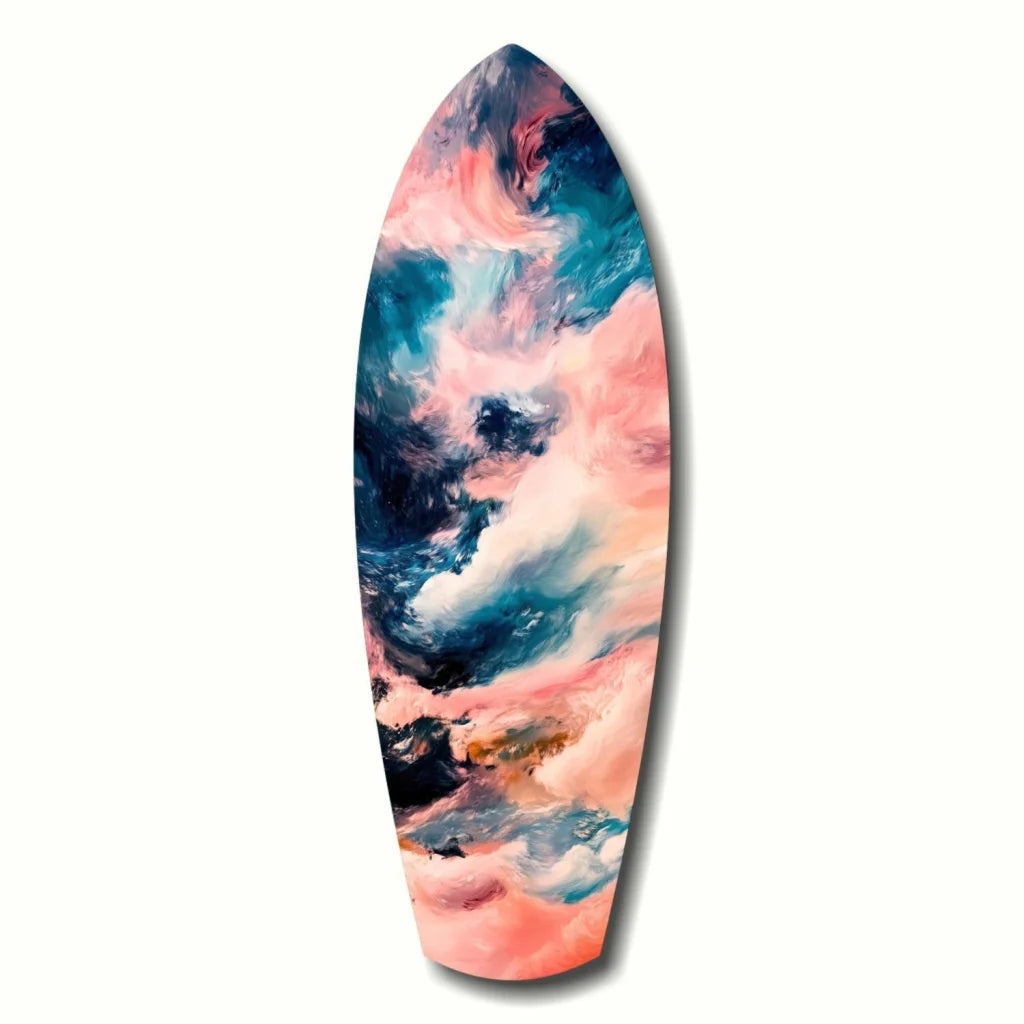 Vibrant surfboard tempered glass art with swirling pink, blue, black patterns and size comparison