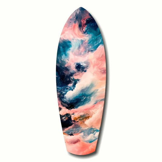 Vibrant surfboard tempered glass art with swirling pink, blue, black patterns and size comparison