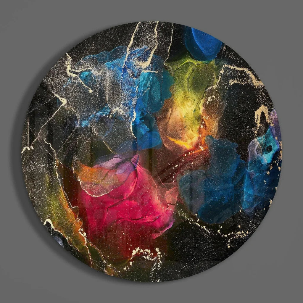 Vibrant swirl tempered glass art with blue, pink, gold swirls and sparkling metallic accents