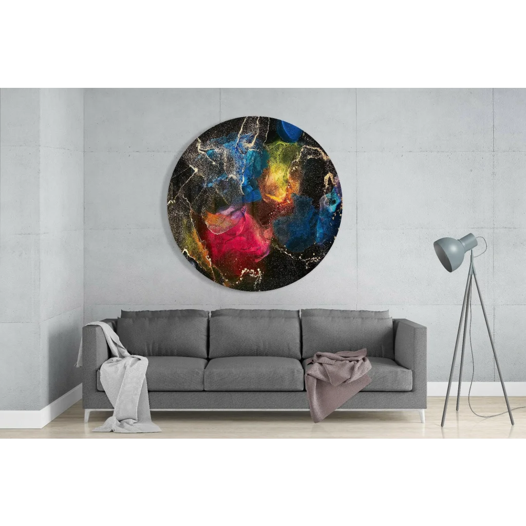 Vibrant swirl tempered glass art with sparkling metallic accents