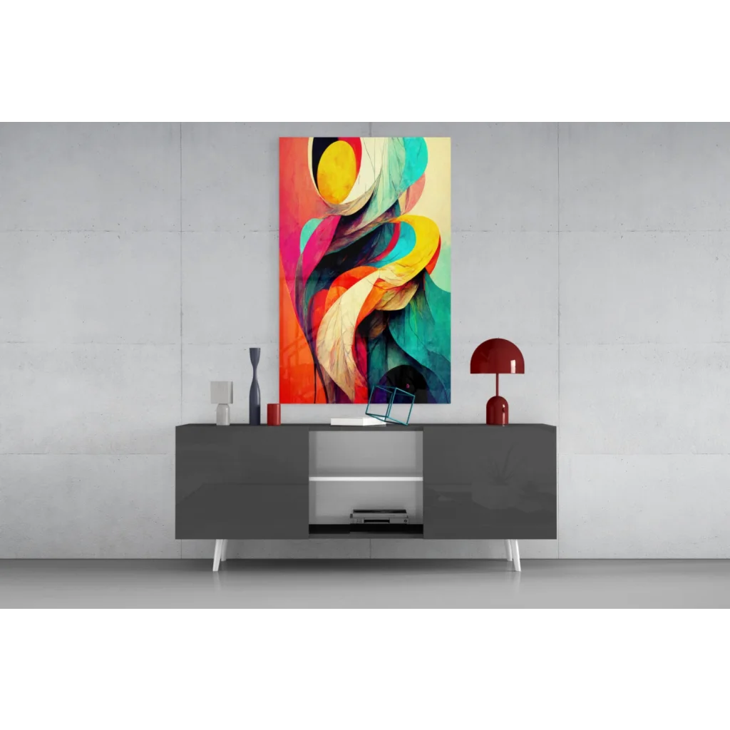 Modern gray sideboard with white legs under vibrant swirling abstract wall art