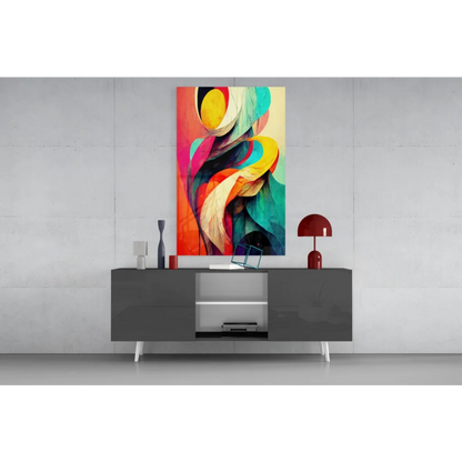 Modern gray sideboard with white legs under vibrant swirling abstract wall art