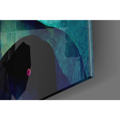 Black umbrella with pink handle in vibrant swirling abstract glass wall art