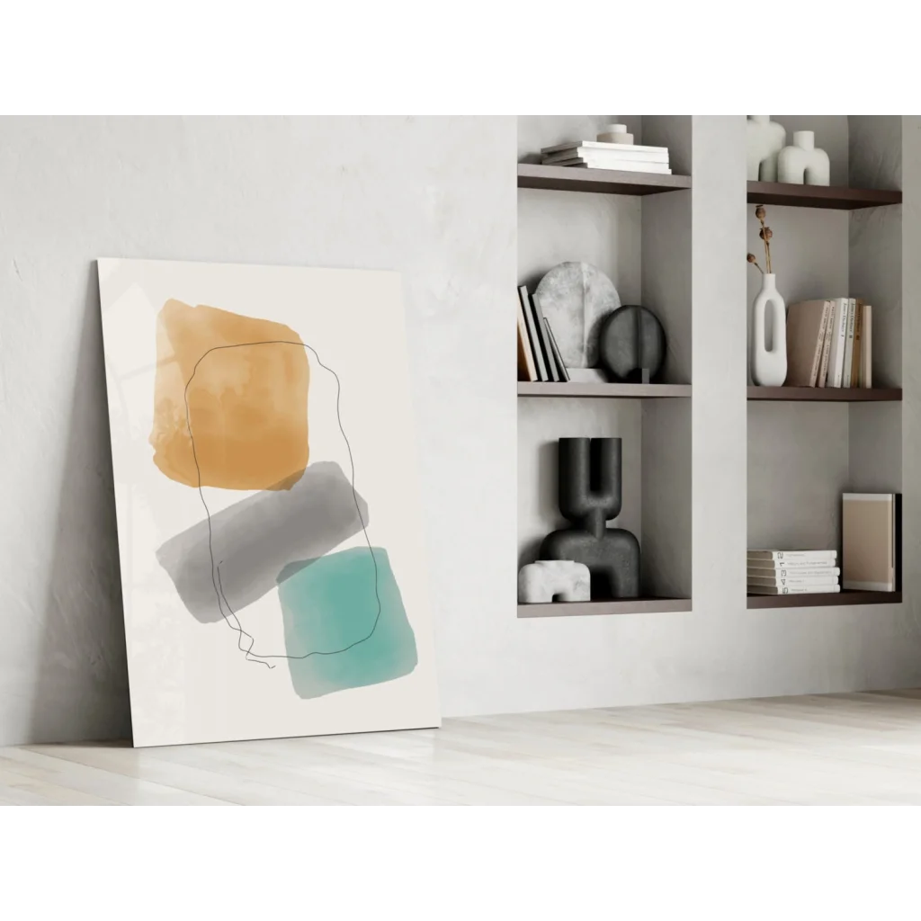 Vibrant teal mustard abstract wall art print with orange gray squares