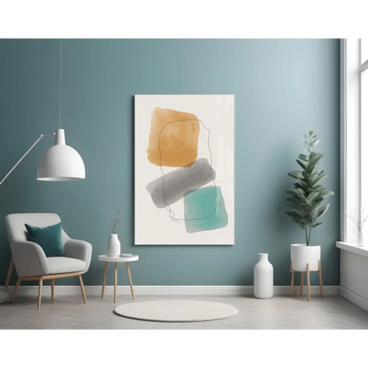 Vibrant teal mustard yellow gray abstract wall art print on white background