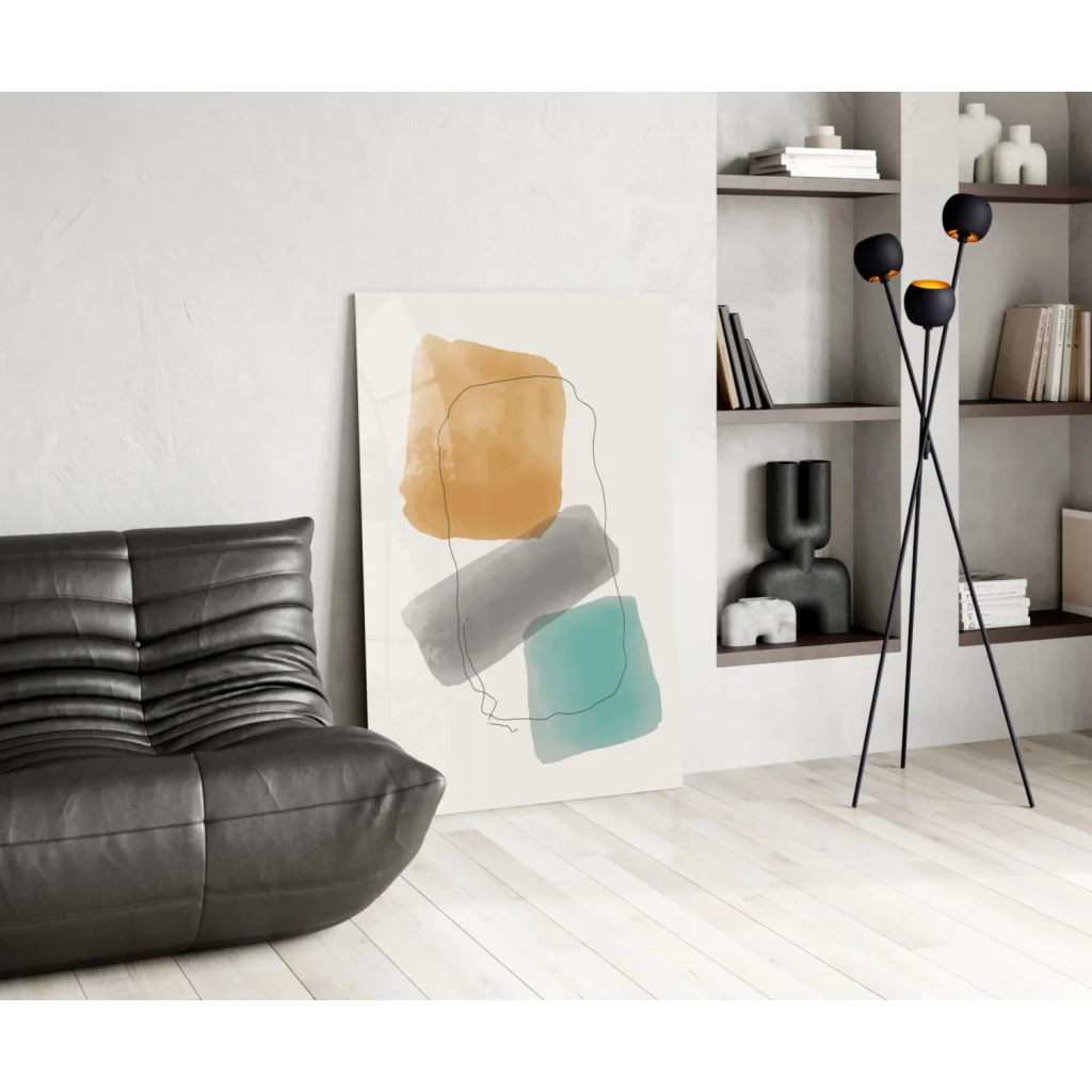 Vibrant teal mustard abstract wall art print with black leather bean bag chair