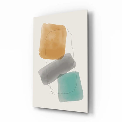 Vibrant teal mustard abstract wall art print with beige, orange, gray shapes