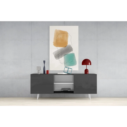 Modern gray white sideboard under vibrant teal mustard wall art print