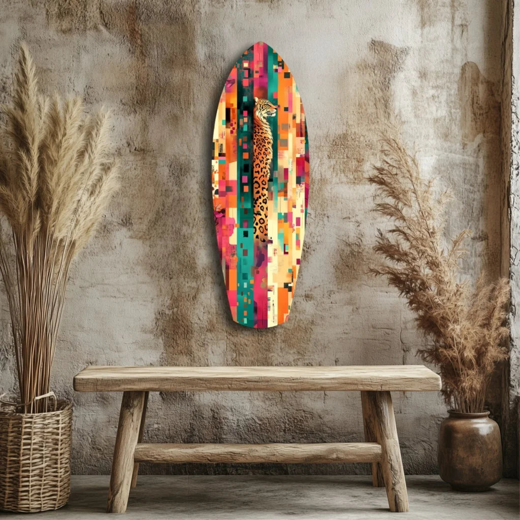 Vibrant tempered glass art with multicolored abstract giraffe design on wood