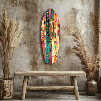 Vibrant tempered glass art with multicolored abstract giraffe design on wood