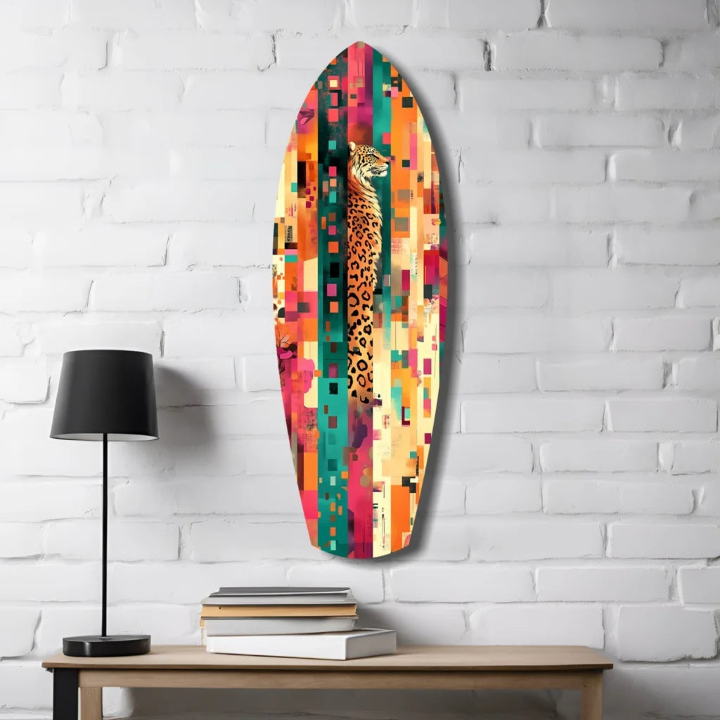 Vibrant tempered glass art with bold leopard print surfboard design